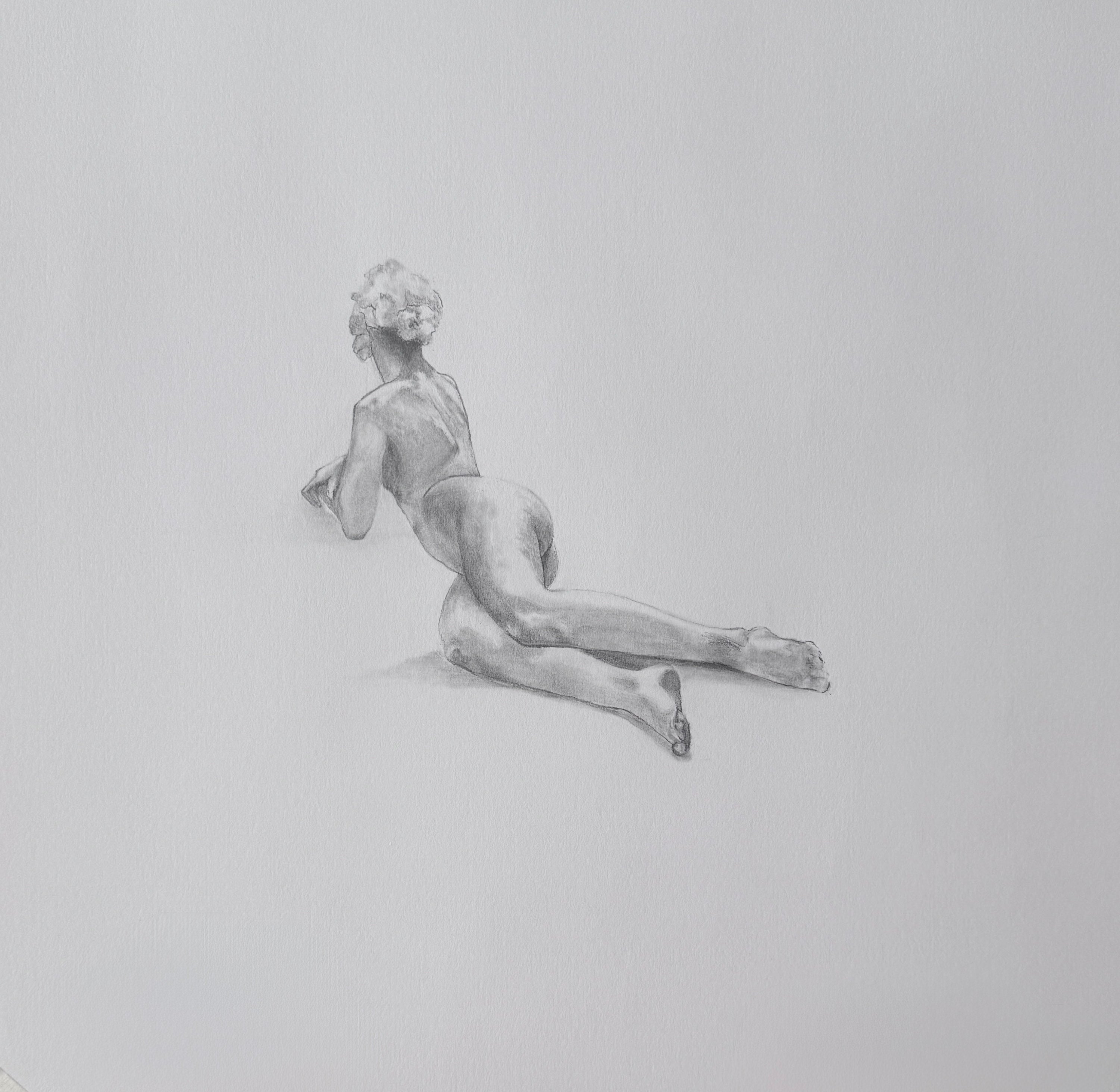 Pencil drawing of a nude figure on a light gray background